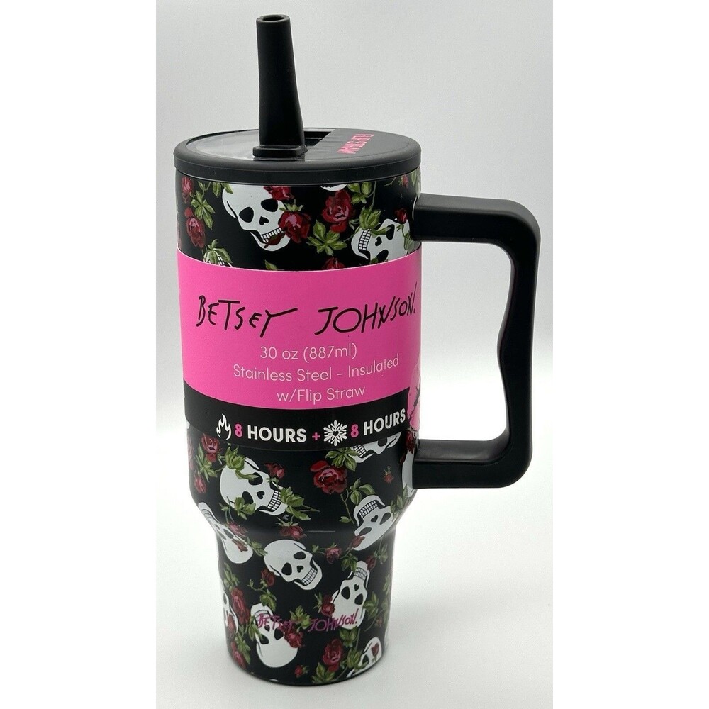 Betsey Johnson 30oz Stainless Steel Insulated Flip Straw Skull Roses Tumbler